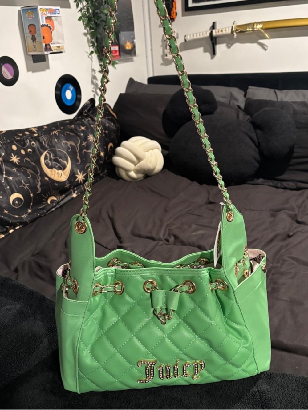 Brand New Juicy Couture Fashion Icon green quilted bag with gold chain straps